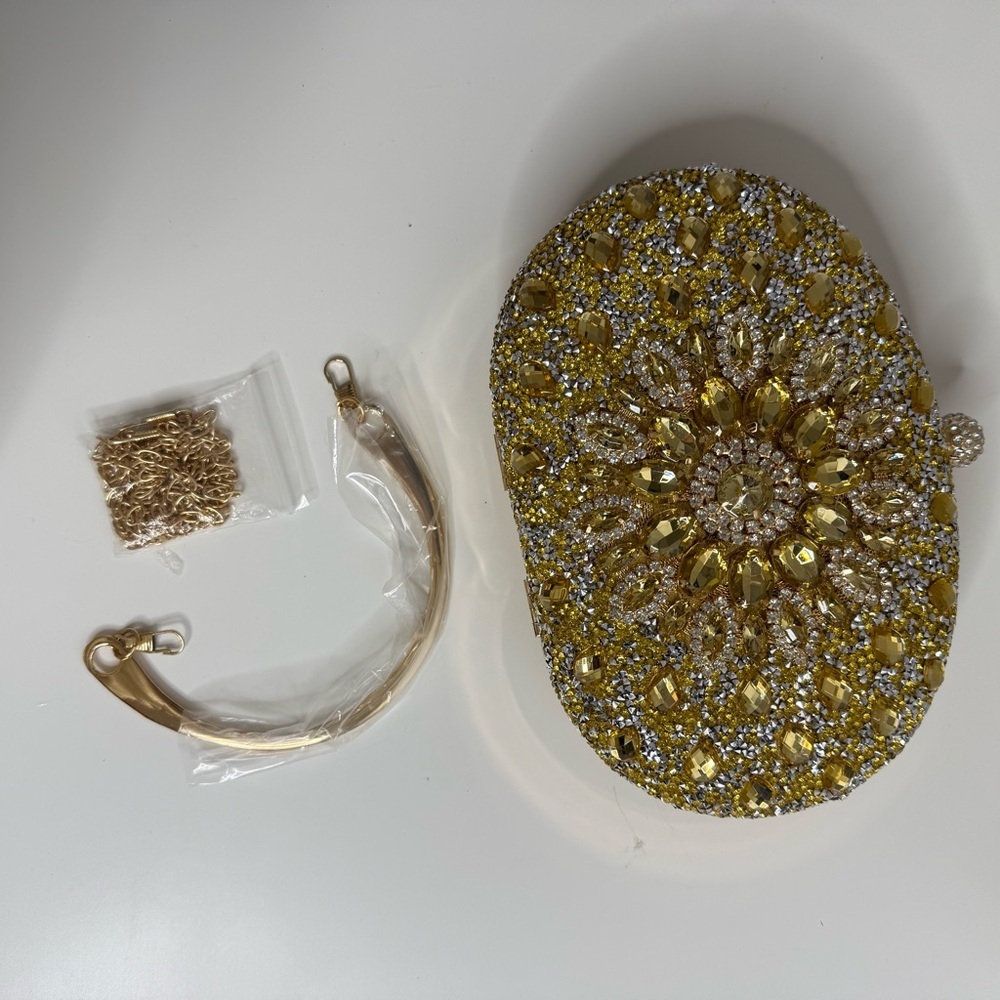 Ramla Gold Beaded and Rhinestone Clutch Evening Bag - NEW - Picture 4 of 6